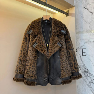 胖MM显瘦大翻领拼皮豹纹毛毛外套加肥大码女装欧货洋气冬季款上衣