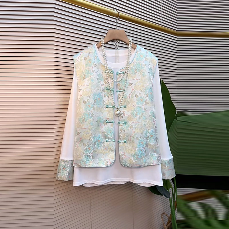 盘扣花朵国风马甲拼色袖口打底衫