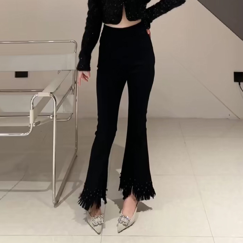 大码流苏裤脚微喇裤子