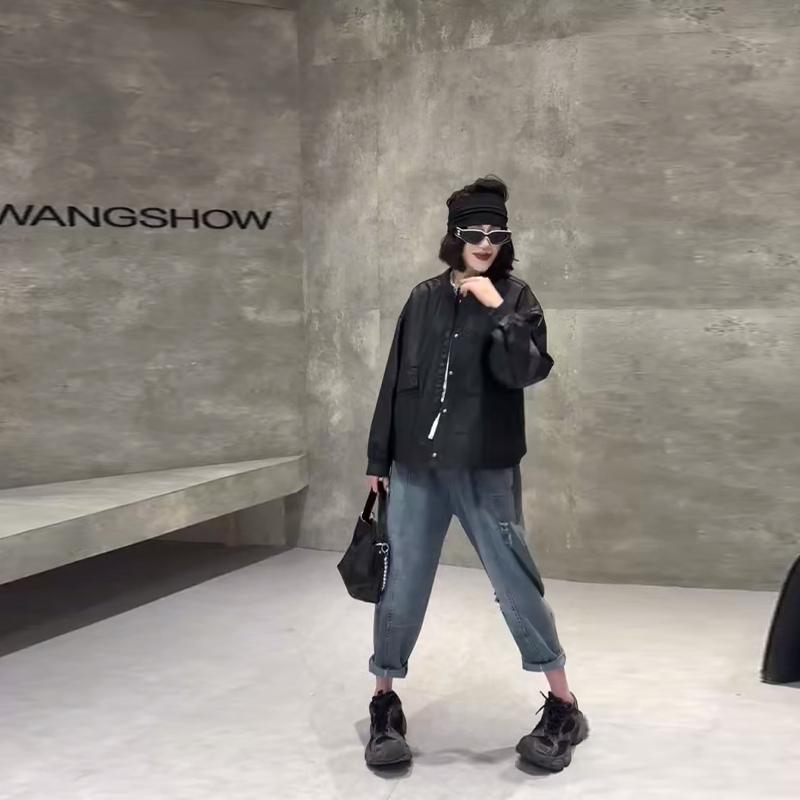 大码女装圆领长袖开衫皮外套