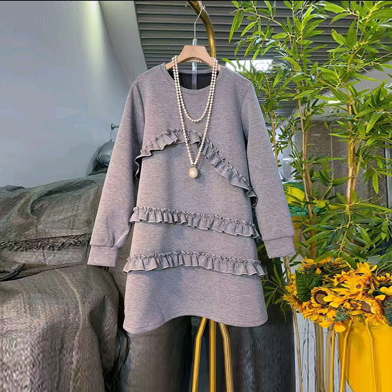 加肥圆领拼接荷叶条长袖卫衣宽松遮肚子大码女装秋冬韩版休闲上衣