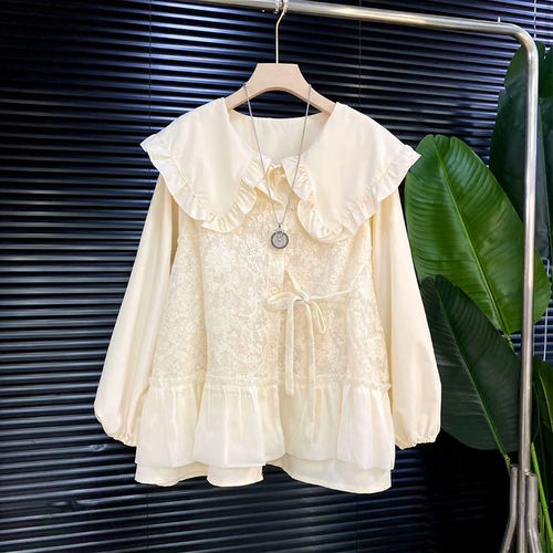 大码女装甜美蕾丝马甲百搭宽松遮肚胖妹妹元气减龄娃娃领长袖衬衫