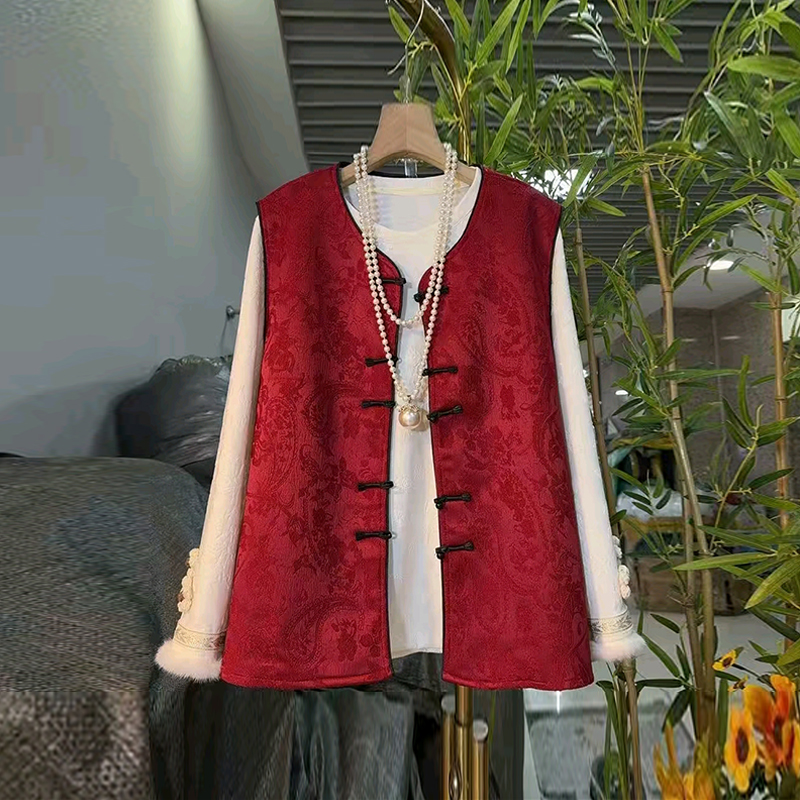 毛毛袖口小衫盘扣暗花国风马甲