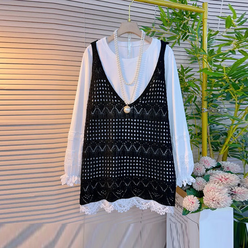 拼蕾丝摆小衫V领镂空花针织马甲