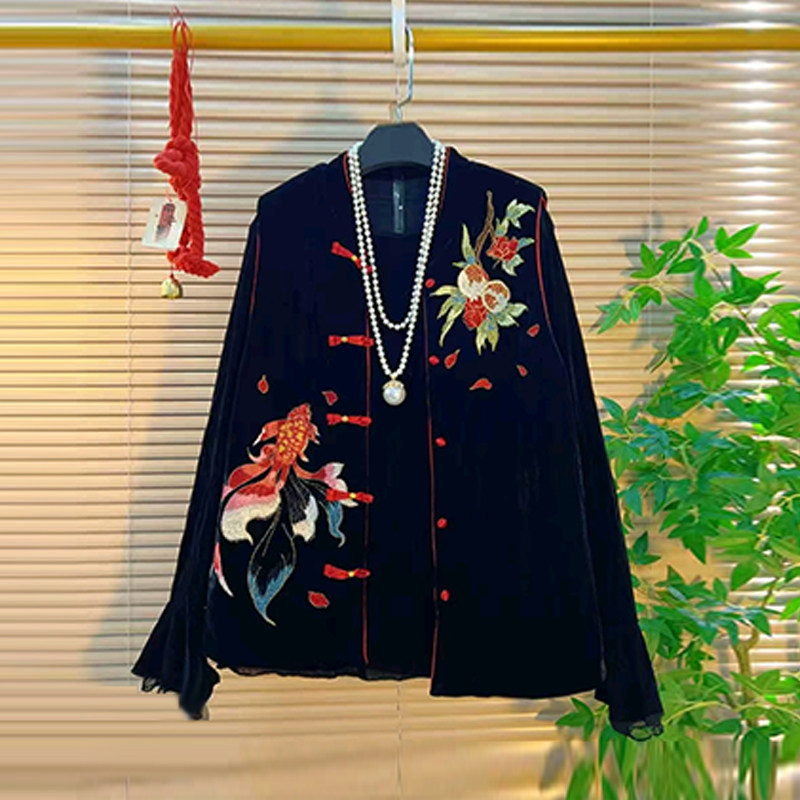 加大码女装盘扣刺绣图案国风马甲胖妹妹黑色显瘦百搭减龄长袖小衫,女装/女士精品,大码内搭,淘宝优惠券,粉丝福利购,淘宝优惠卷