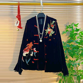 加大码 小衫 女装 盘扣刺绣图案国风马甲胖妹妹黑色显瘦百搭减龄长袖