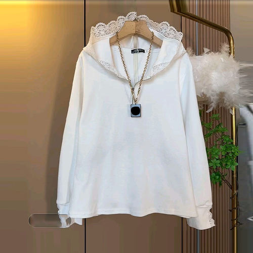 胖妹妹连帽蕾丝边长袖上衣