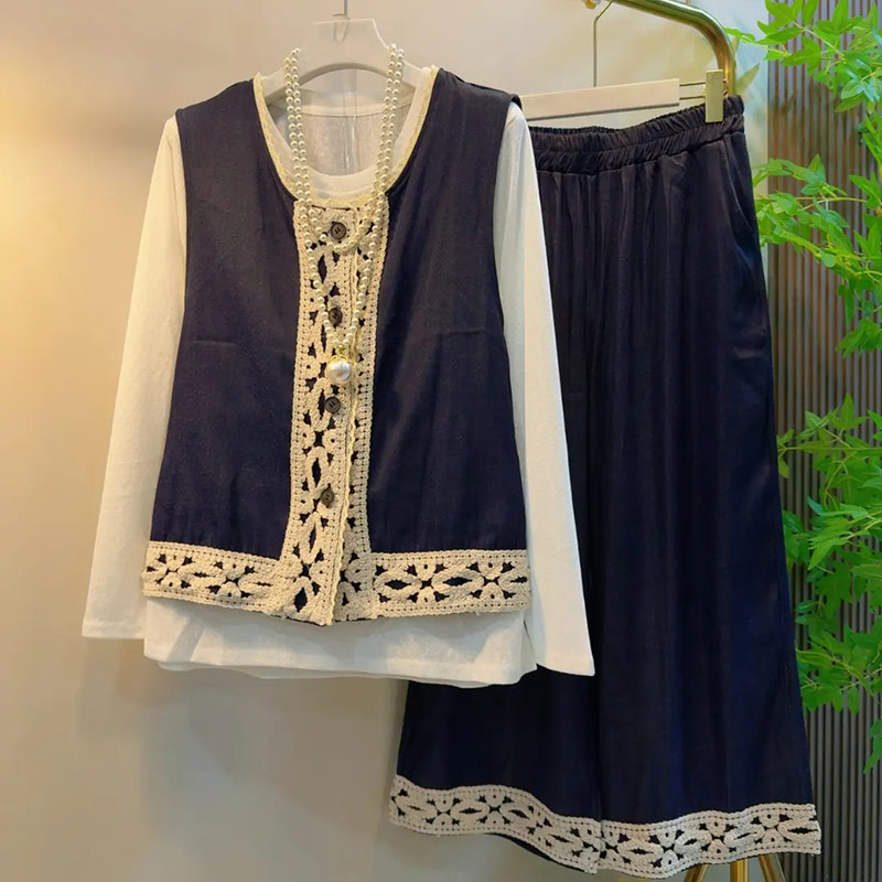 拼色边开衫马甲打底衫松紧腰长裤