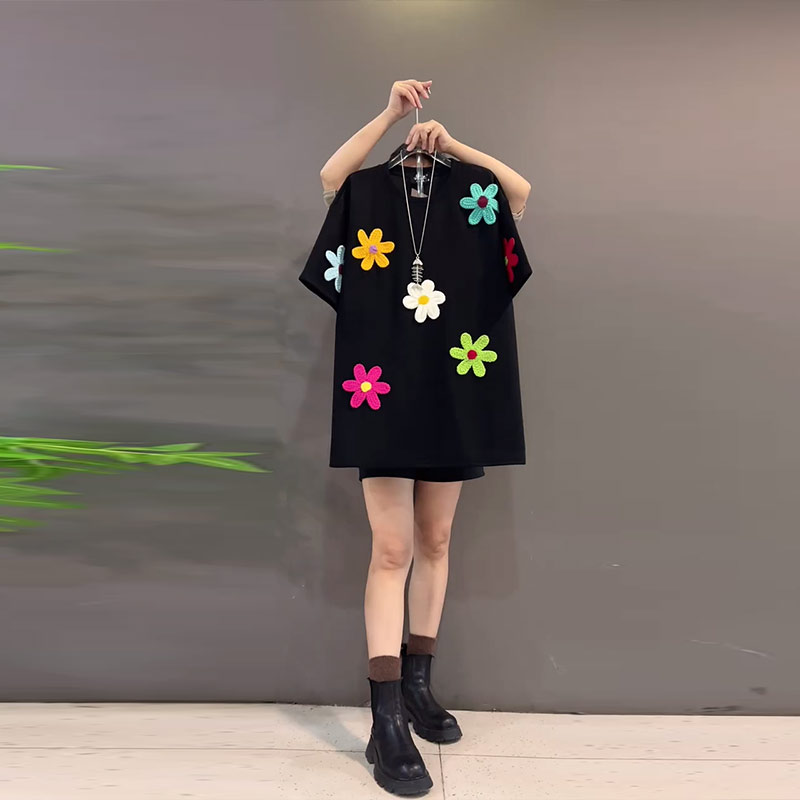 大码女装针织花朵短袖T恤衫