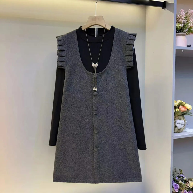 高领长袖打底衫荷叶肩马甲裙套装