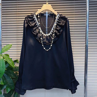 法式 小众设计胖妹妹气质洋气上衣 口小衫 加肥女荷叶领钉珠边微喇袖