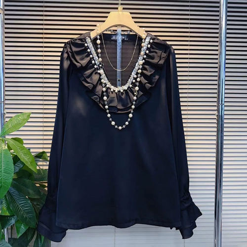 荷叶领钉珠边微喇袖口小衫