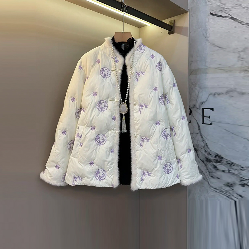 大码女装立领毛边长袖棉外套