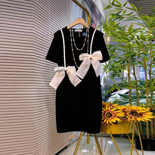 连衣裙 拼接撞色中长宽松淑女裙胖妹妹显瘦蝴蝶结短袖 加肥大码 女装