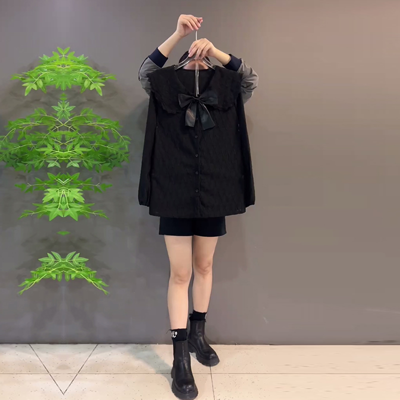 大码女装娃娃领蝴蝶结长袖上衣