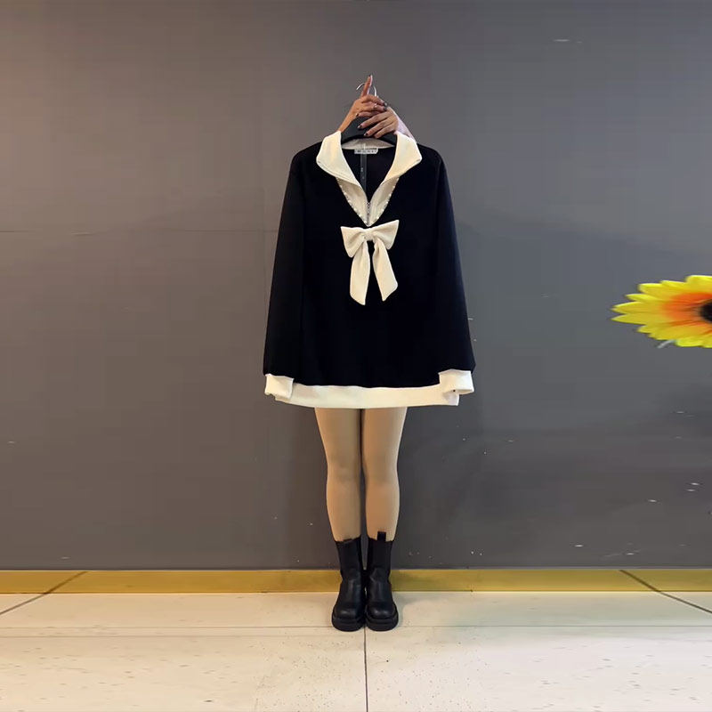 拼色翻领蝴蝶结长袖上衣