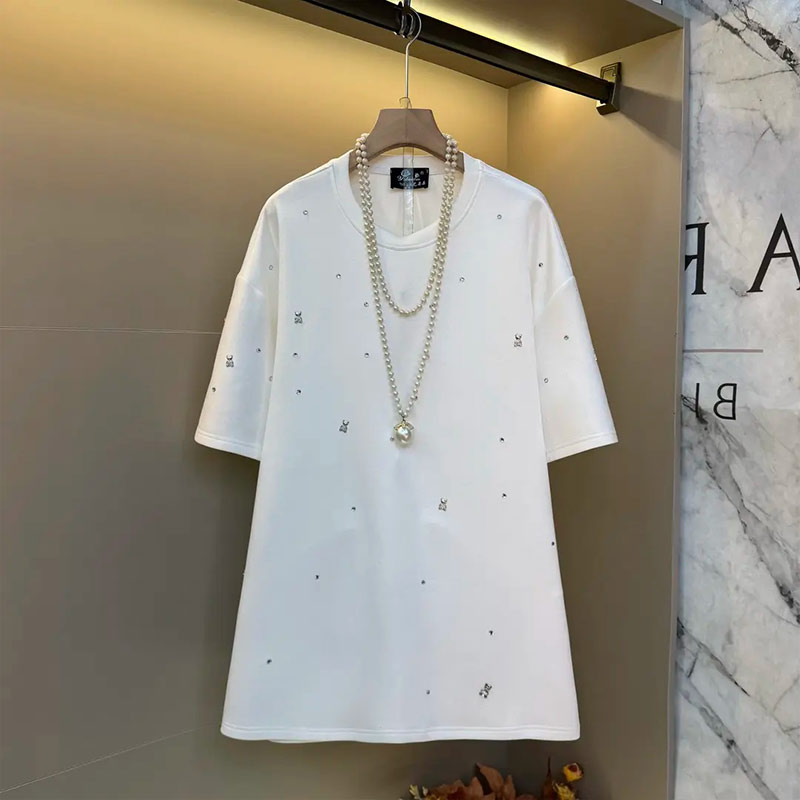 大码女装短袖圆领亮钻上衣