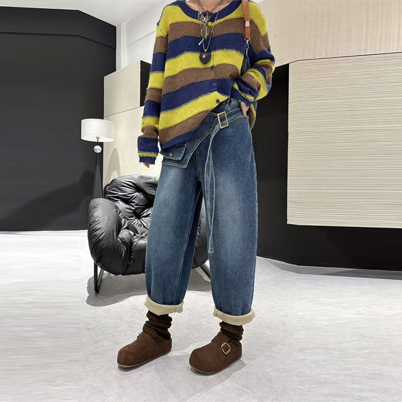 大码女装松紧腰加绒牛仔裤