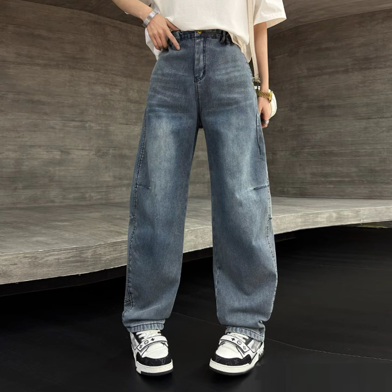 松紧腰加绒阔腿牛仔裤