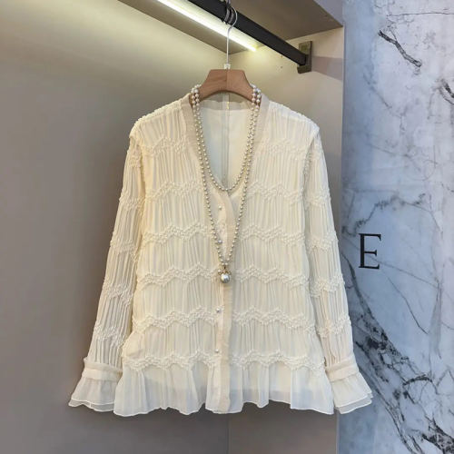 大码女装V领波浪纹长袖小衫