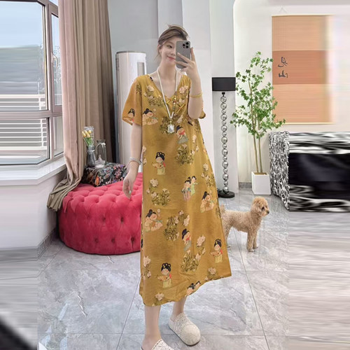 V领斜襟盘扣长款连衣裙