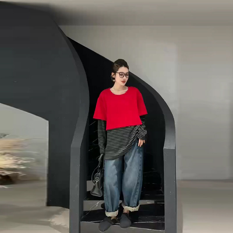 加肥拼条纹长袖假两件上衣胖妹妹宽松遮肚子韩版减龄想休闲T恤衫,女装/女士精品,大码内搭,淘宝优惠券,粉丝福利购,淘宝优惠卷