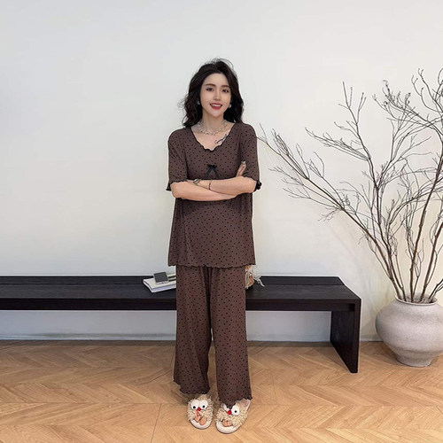 V领短袖上衣阔腿裤点点两件套