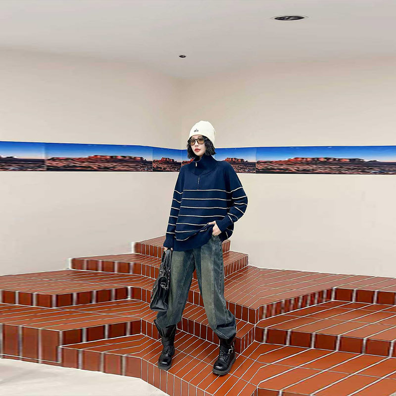 大码女装立领半拉链条纹上衣