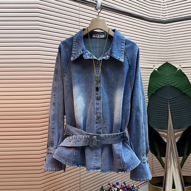 胖MM显瘦翻领腰带牛仔上衣加肥大码女装欧洲站宽松遮肚子百搭外套,女装/女士精品,大码内搭,淘宝优惠券,粉丝福利购,淘宝优惠卷