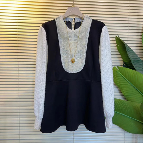 翻领蕾丝长袖拼色马甲假两件小衫