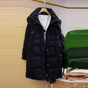 加肥大码女装连帽长款棉服外套胖妹妹冬季款黑色百搭显瘦保暖大衣