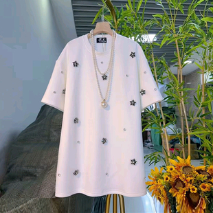 大码女装圆领亮钻短袖上衣宽松遮肚子胖妹妹欧洲站显瘦百搭T恤衫