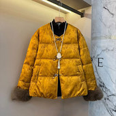 款 加大码 洋气复古外套 口暗花国风棉服胖妹妹新中式 冬季 女装 毛毛袖