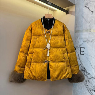 女装 款 毛毛袖 冬季 洋气复古外套 口暗花国风棉服胖妹妹新中式 加大码