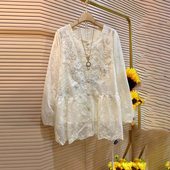 女装 圆领长袖 重工亮钻花朵蕾丝上衣法式 加大码 小众设计胖妹妹小衫