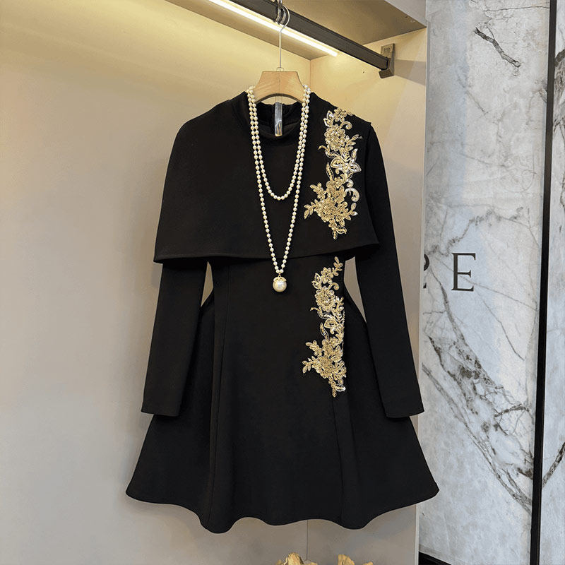 大码女装亮片花朵肩披肩立领盘扣收腰连衣裙轻熟风黑色显瘦两件套,女装/女士精品,大码套装,淘宝优惠券,粉丝福利购,淘宝优惠卷