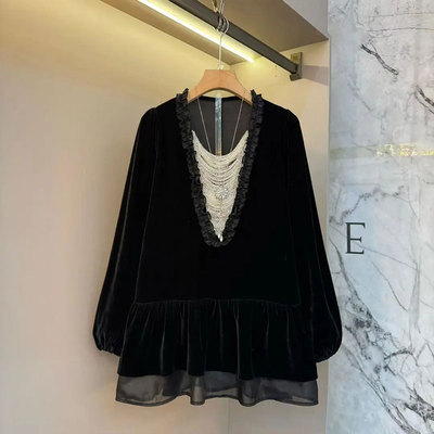 大码女装V领荷叶边长袖上衣