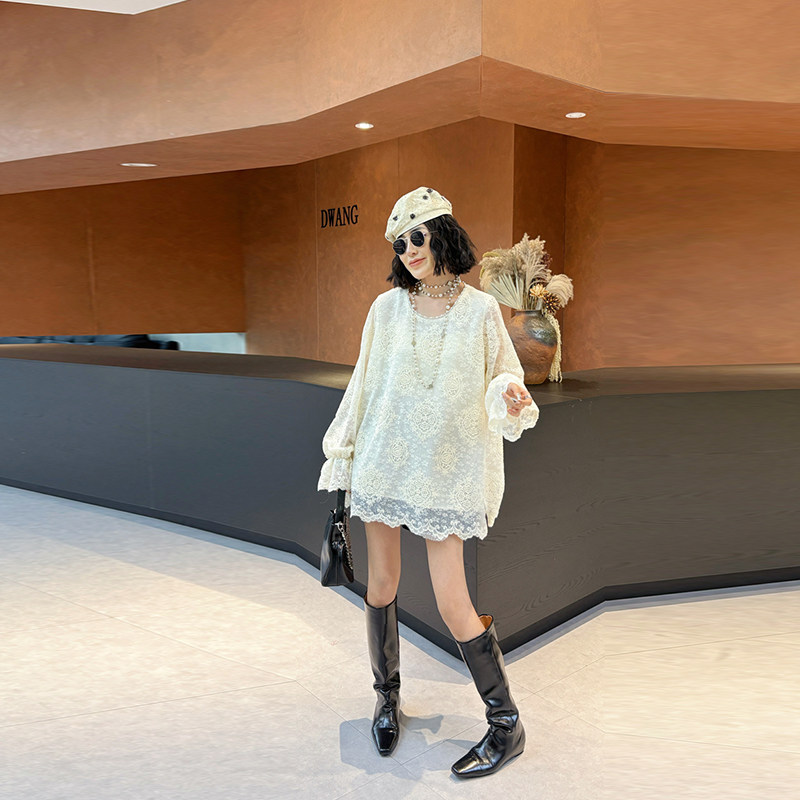 加肥女微喇袖口侧开叉长袖蕾丝小衫胖妹妹小众设计名媛风百搭上衣,女装/女士精品,大码内搭,淘宝优惠券,粉丝福利购,淘宝优惠卷