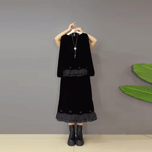 气质两件套 圆领摆拼花朵飞边上衣半身裙胖妹妹赫本风法式 大码 女装