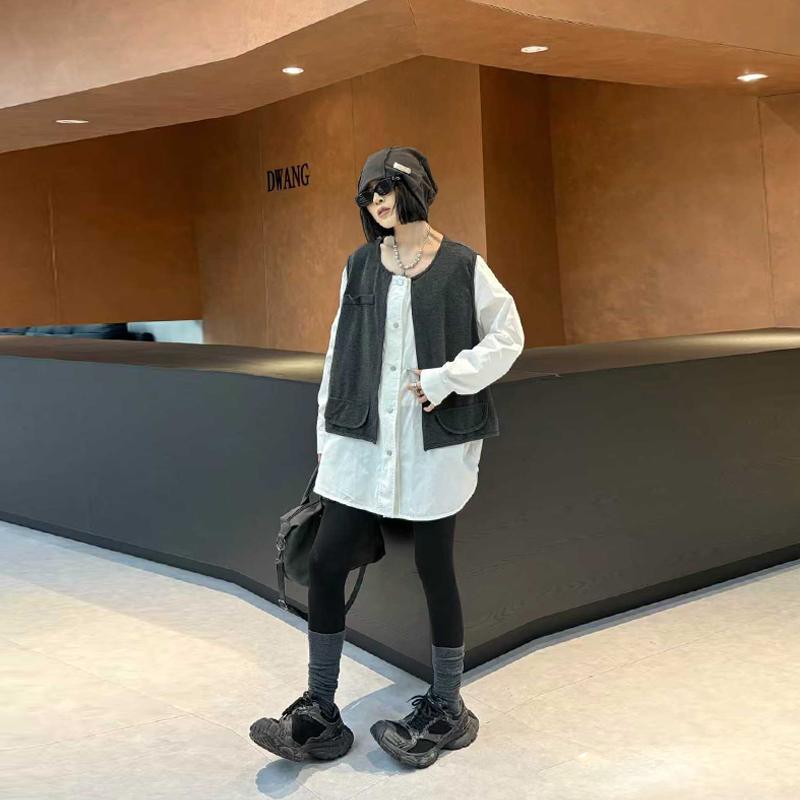 拼色马甲长袖假两件衬衫黑