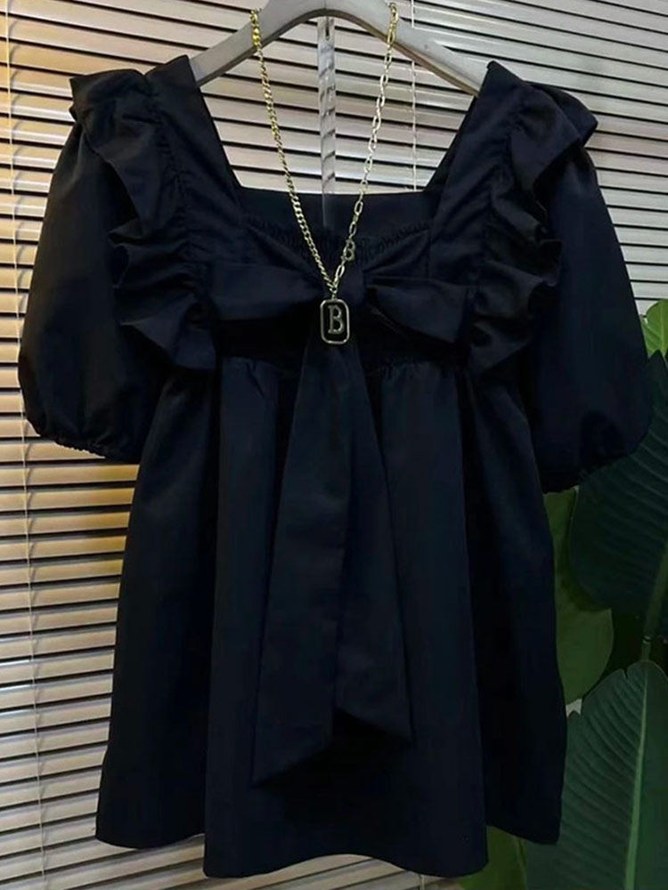 플러스 사이즈 여성용 스퀘어 넥 로터스 어깨 신축성있는 커프스 블라우스 뚱뚱한 소녀 용 한국 스타일 프레피 스타일 스위트 연령 감소 탑