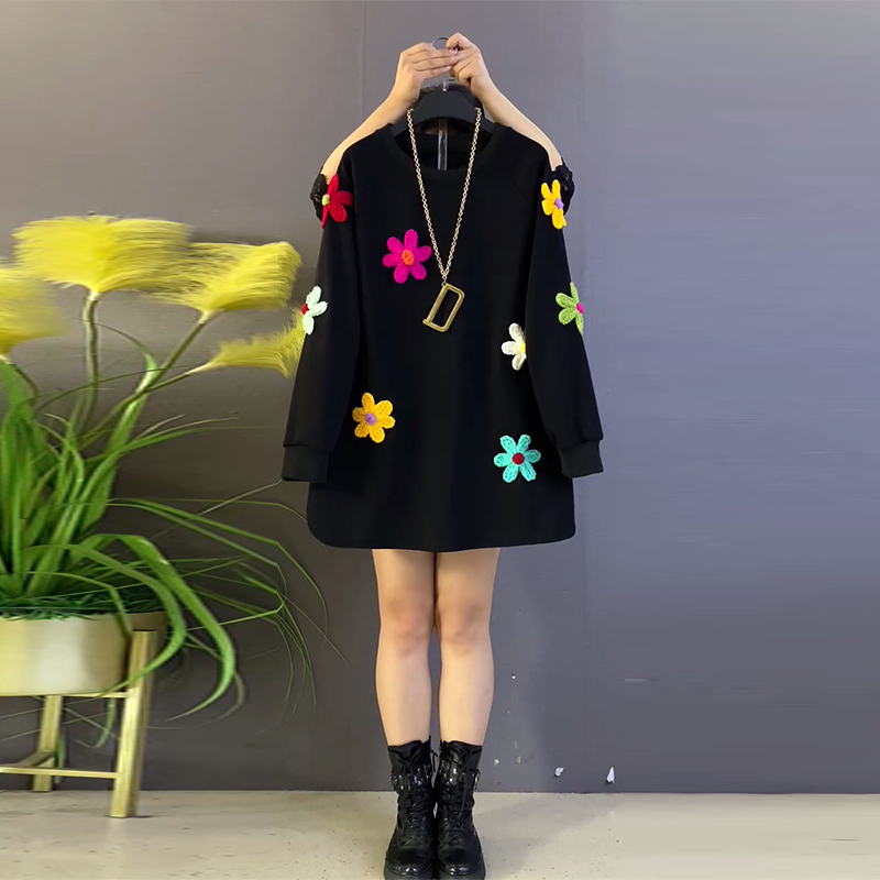 圆领彩色针织花朵长袖卫衣上衣