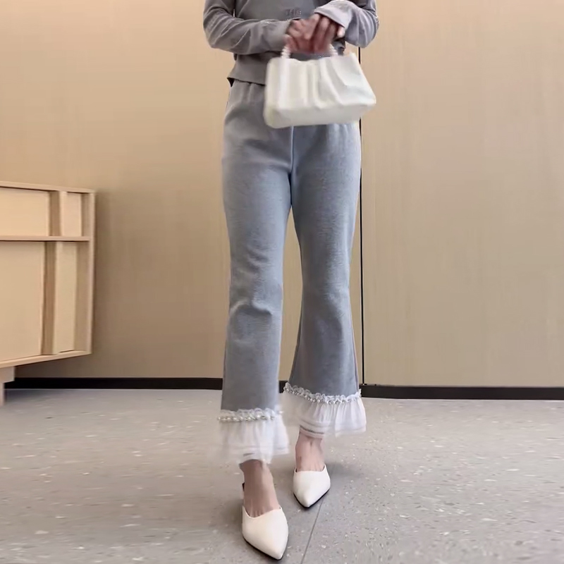 拼色蕾丝裤脚九分加绒裤子