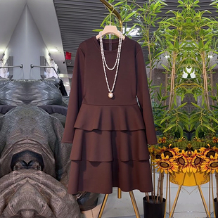 胖MM加肥圆领长袖收腰连衣裙大码女装中长款显瘦秋冬款简约休闲裙