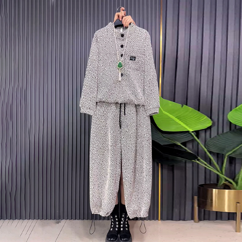 胖妹妹纽扣立领长袖上衣松紧腰束脚长裤韩版休闲显瘦斜条纹两件套,女装/女士精品,大码套装,淘宝优惠券,粉丝福利购,淘宝优惠卷