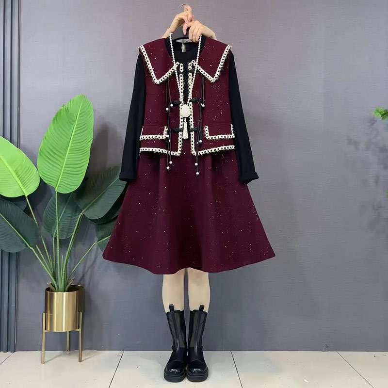 翻领拼色边马甲长袖收腰连衣裙