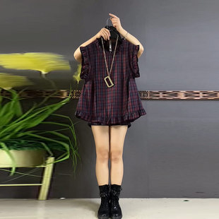 格子小衫 女装 加肥胖MM荷叶领无袖 宽松遮肚子大码 设计感上衣 夏季 款