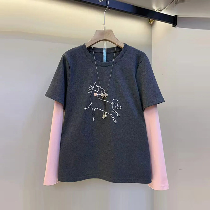 大码女装拼色长袖假两件上衣胖妹妹韩版减龄学院风百搭休闲T恤衫,女装/女士精品,大码内搭,淘宝优惠券,粉丝福利购,淘宝优惠卷