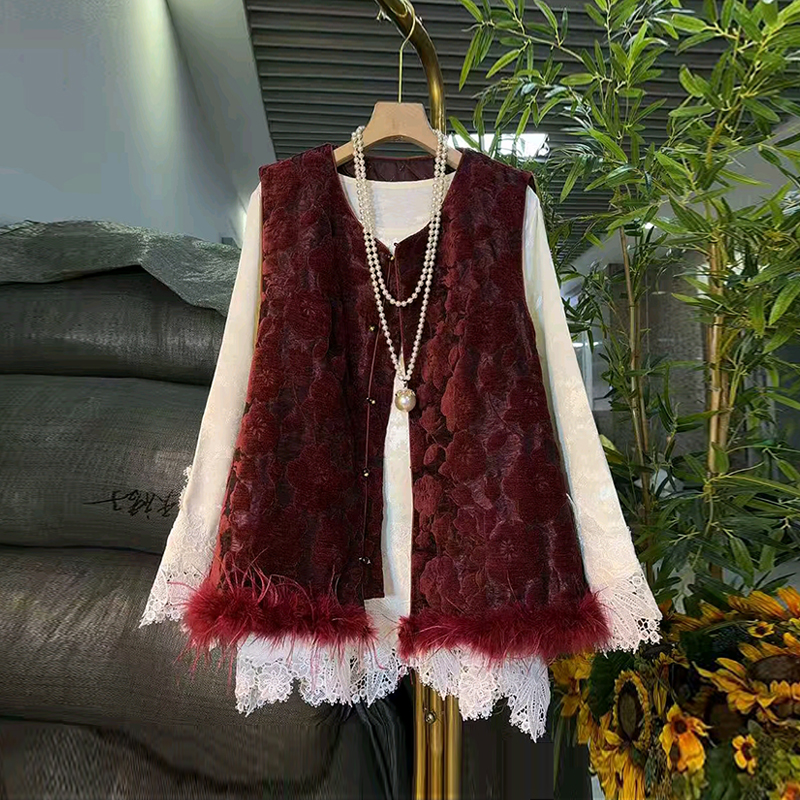 毛毛底摆花马甲蕾丝底摆长袖小衫