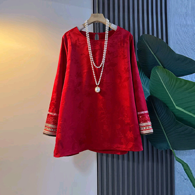 大码女装拼色袖口圆领暗花上衣